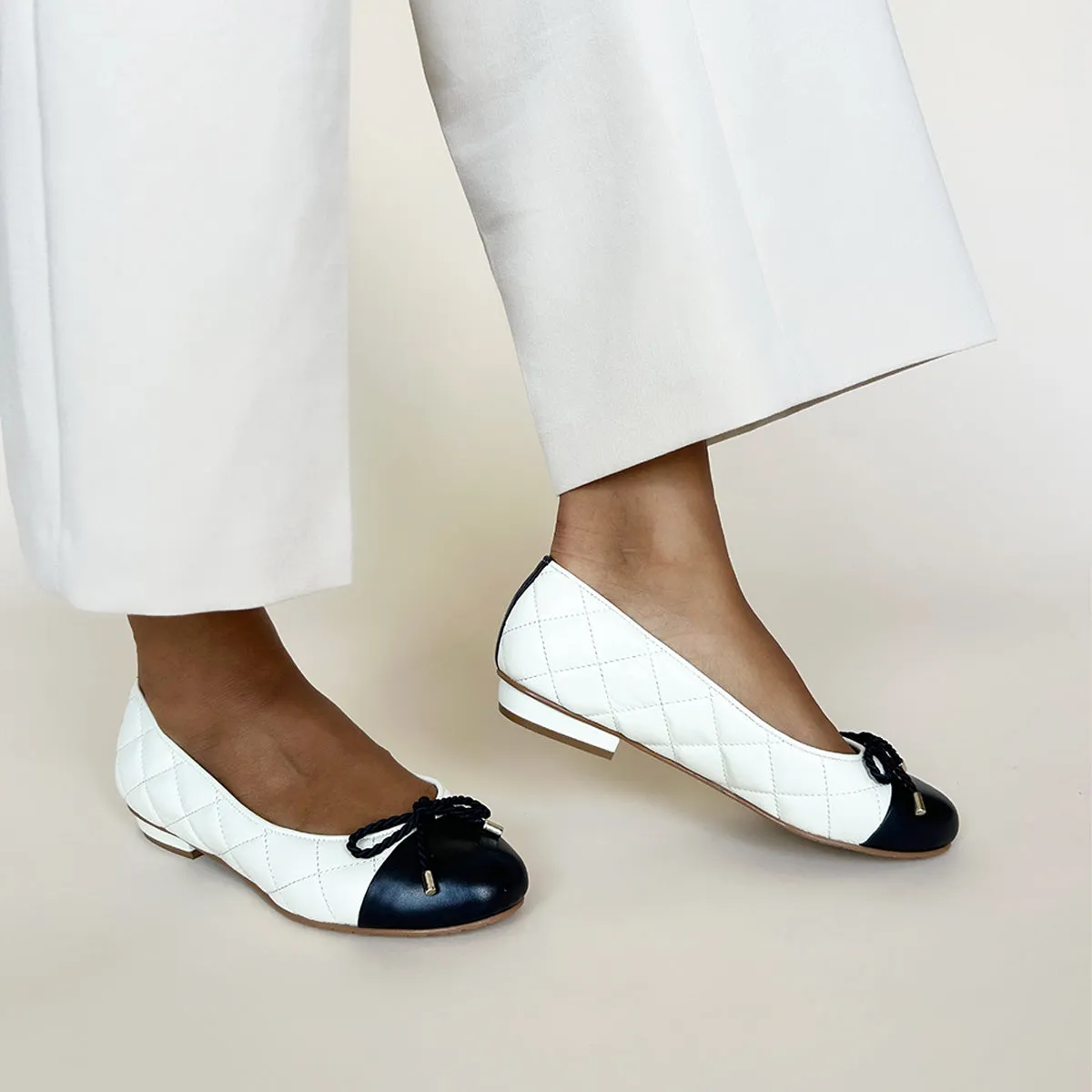 Alice Wide Fit Ballet Flats - Navy & Cream Quilted Leather