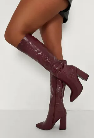 All You Want Wine Croc Effect Knee High Heel Boots