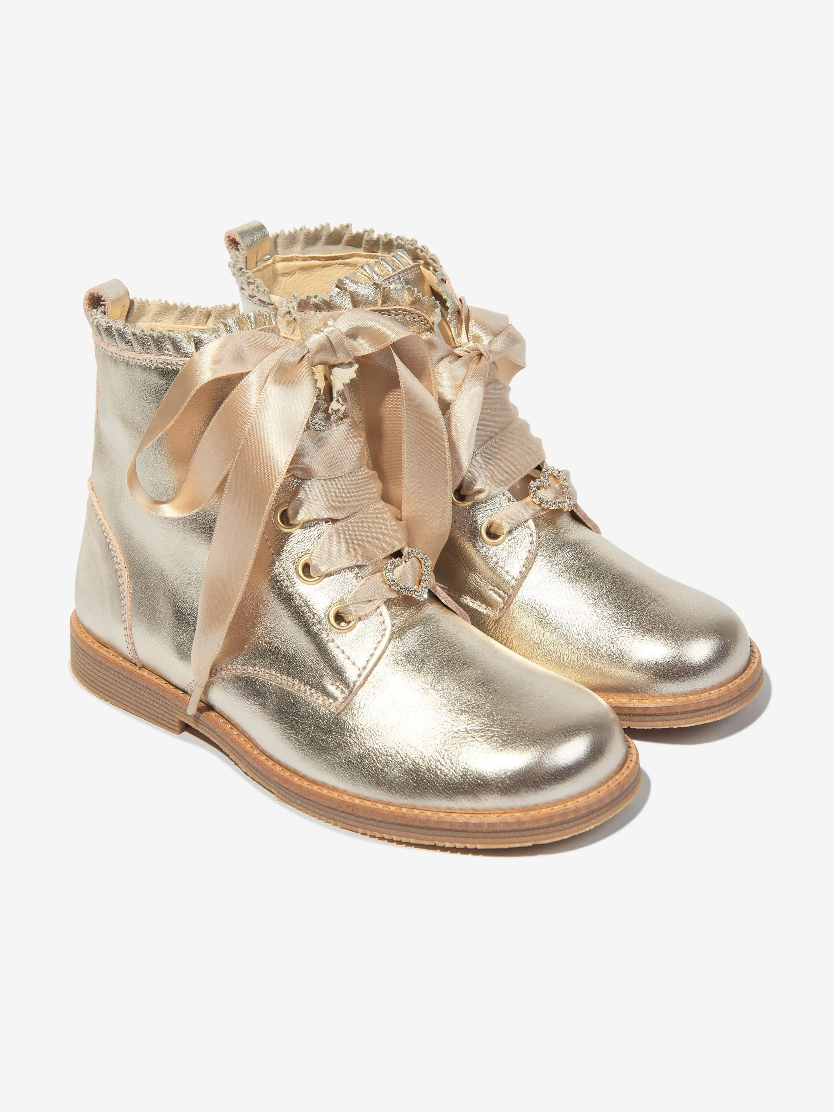 Andanines Girls Leather Lace Up Boots in Gold