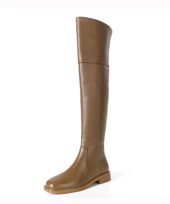 Apricot Zip Up Chic Splicing Cowhide Leather Knee Boots ML1684