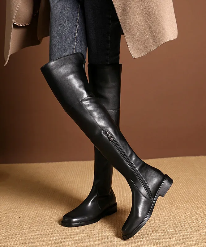 Apricot Zip Up Chic Splicing Cowhide Leather Knee Boots ML1684