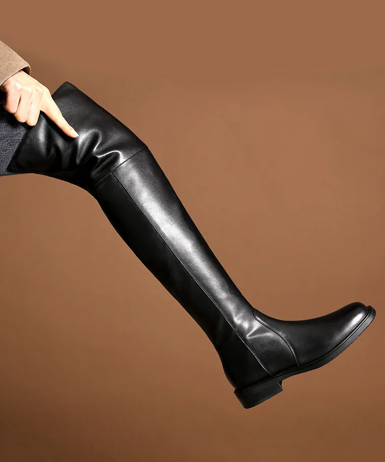 Apricot Zip Up Chic Splicing Cowhide Leather Knee Boots ML1684