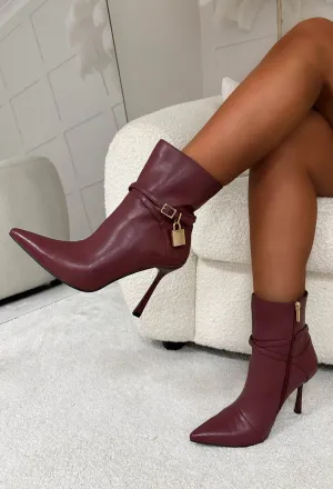 Ariana Wine Faux Leather Lock Detail Stiletto Ankle Boots