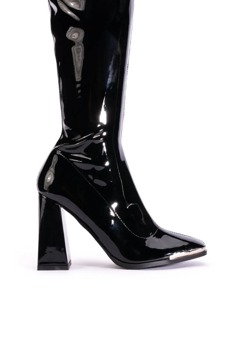 AZALEA WANG JAZZY PATENT KNEE HIGH BOOT IN BLACK