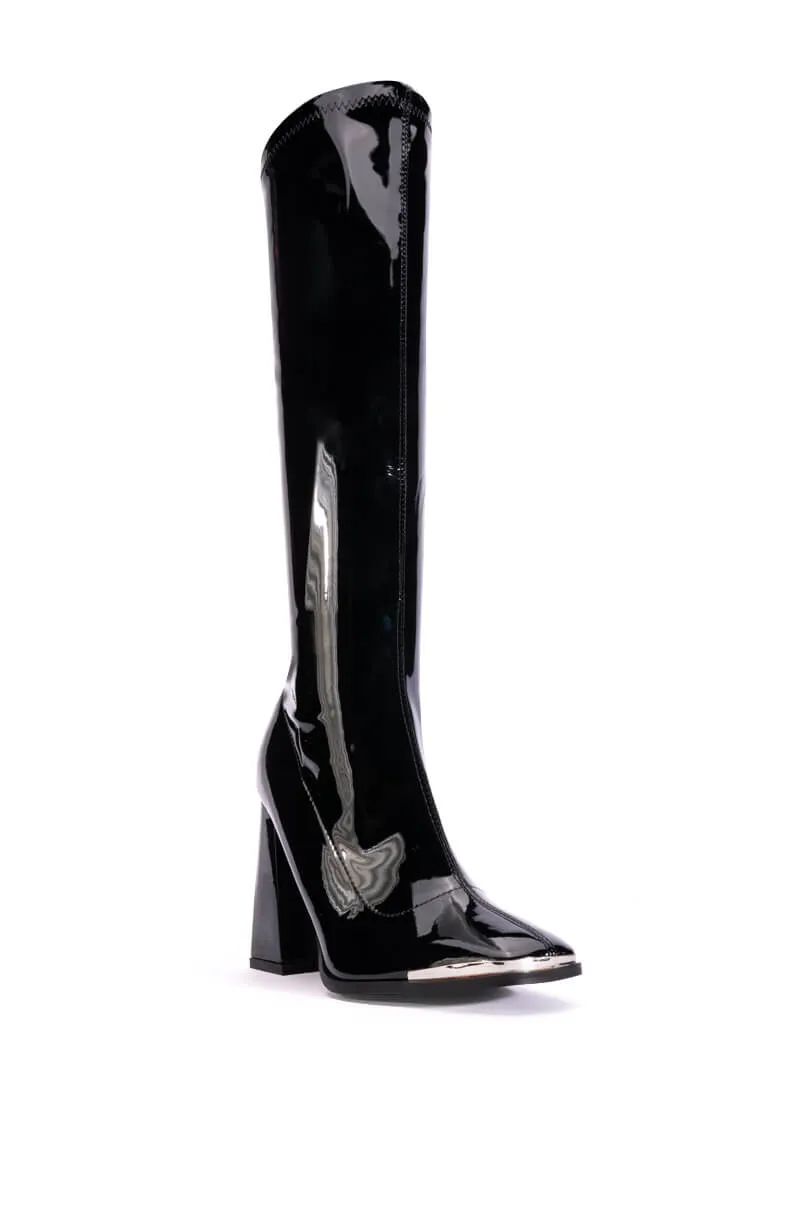 AZALEA WANG JAZZY PATENT KNEE HIGH BOOT IN BLACK