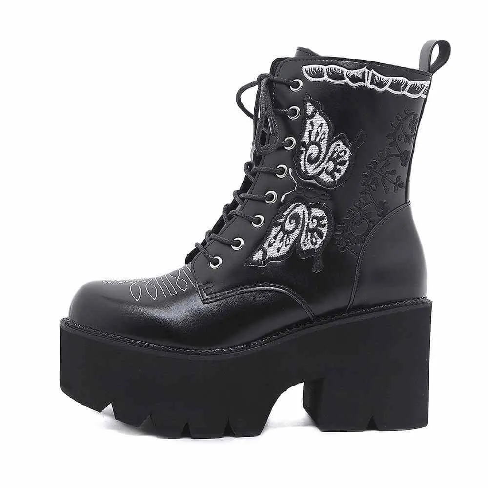 Black Butterfly Embroidered Block Heel Martin Boots