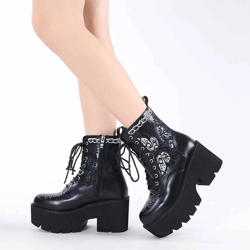 Black Butterfly Embroidered Block Heel Martin Boots