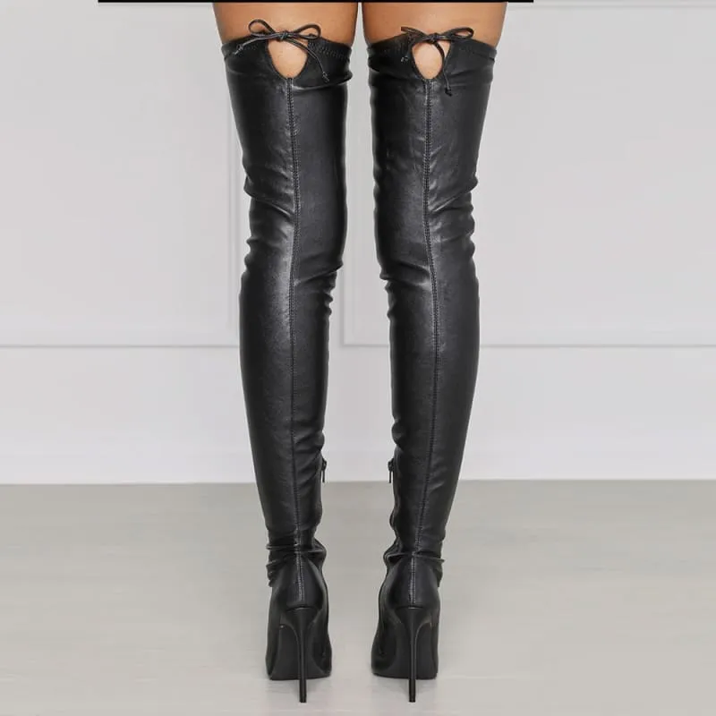 Black Leather Pointed High Stiletto Knee Ladies Boots