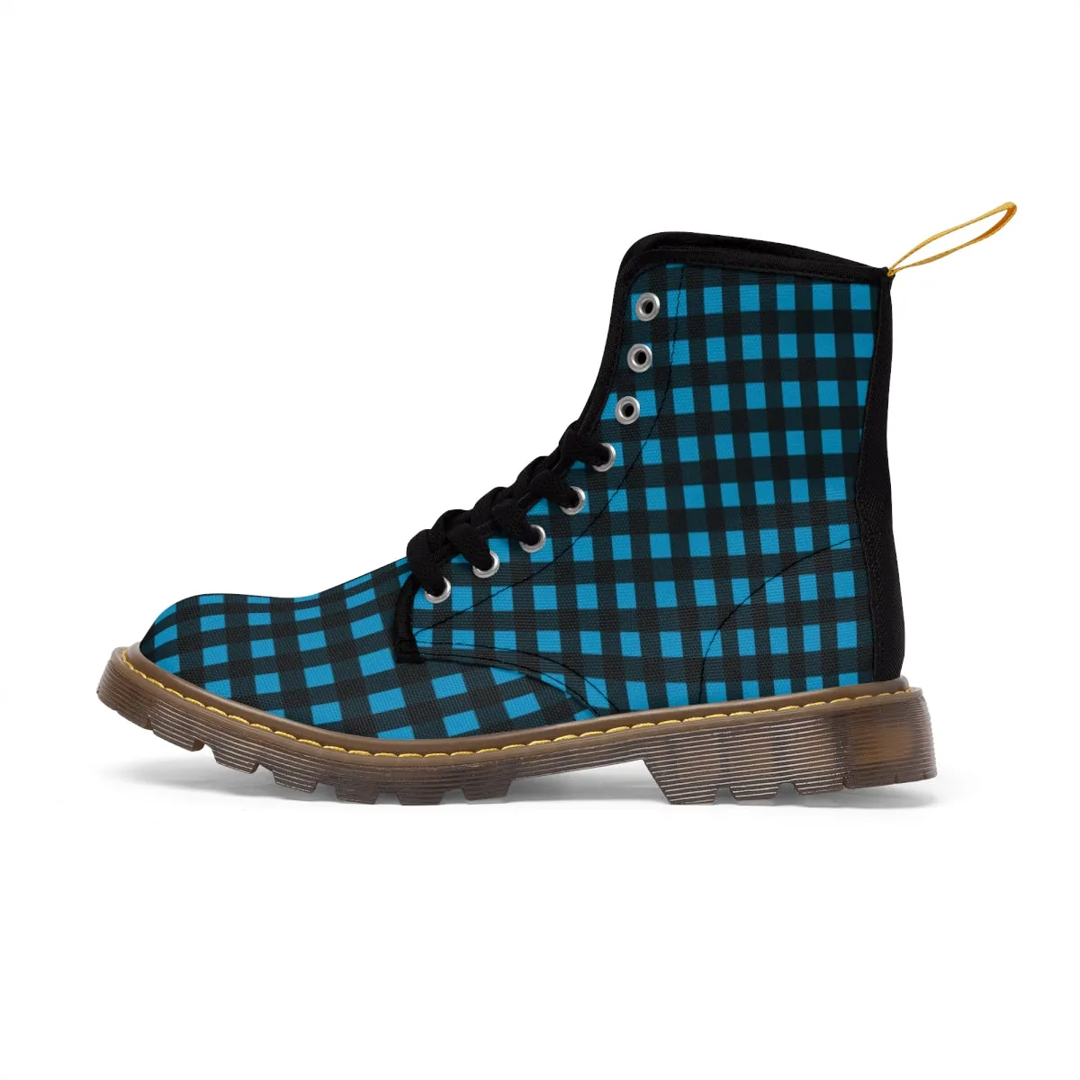 Blue Buffalo Print Women's Boots, Buffalo Plaid Print Best Laced Up Winter Boots For Women (US Size 6.5-11)