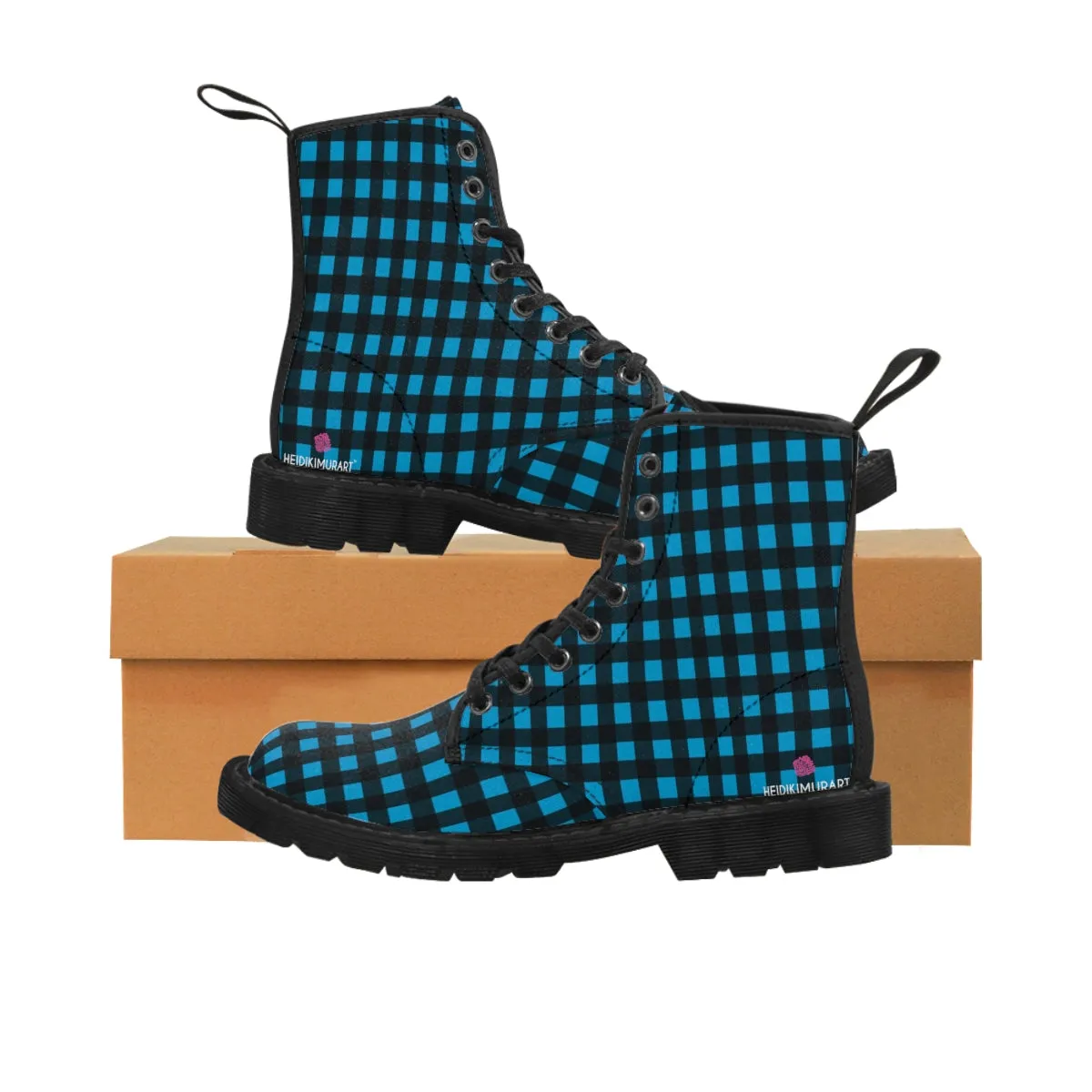 Blue Buffalo Print Women's Boots, Buffalo Plaid Print Best Laced Up Winter Boots For Women (US Size 6.5-11)