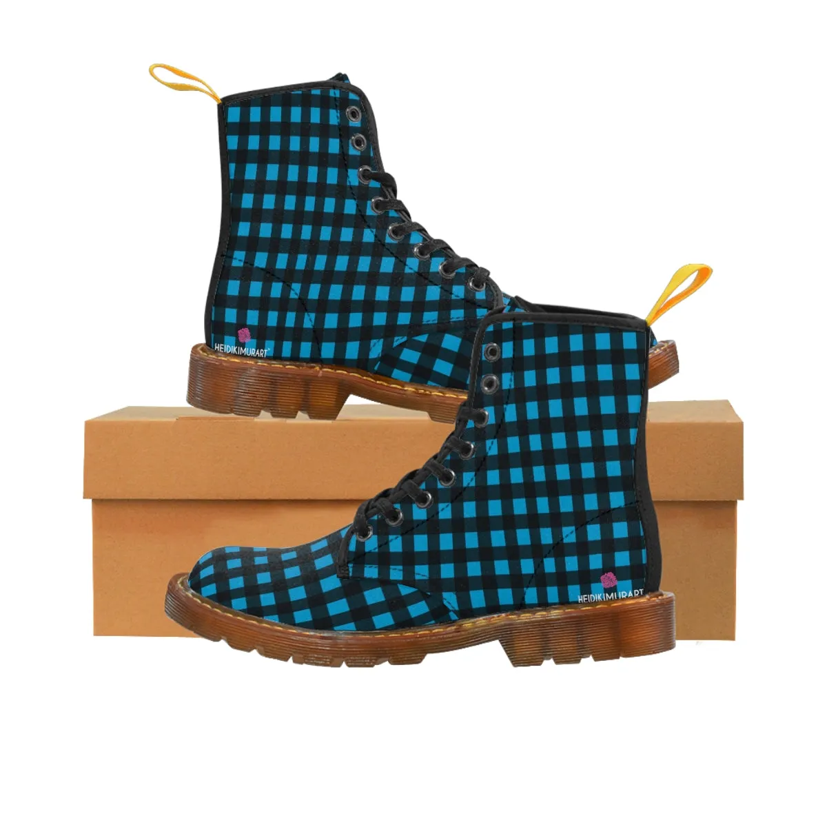 Blue Buffalo Print Women's Boots, Buffalo Plaid Print Best Laced Up Winter Boots For Women (US Size 6.5-11)