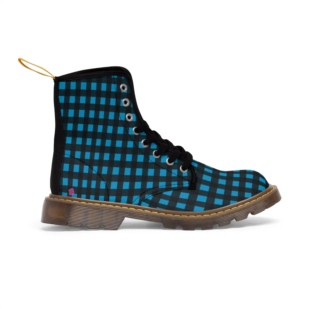 Blue Buffalo Print Women's Boots, Buffalo Plaid Print Best Laced Up Winter Boots For Women (US Size 6.5-11)