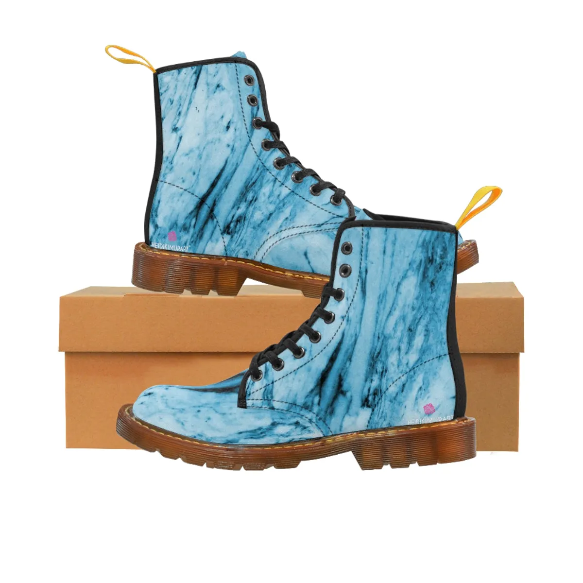 Blue Marbled Women's Canvas Boots, Best Marble Print Best Laced Up Winter Boots For Women (US Size 6.5-11)