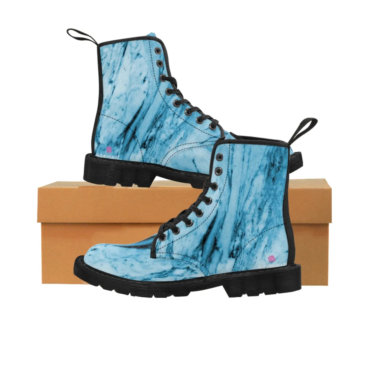 Blue Marbled Women's Canvas Boots, Best Marble Print Best Laced Up Winter Boots For Women (US Size 6.5-11)