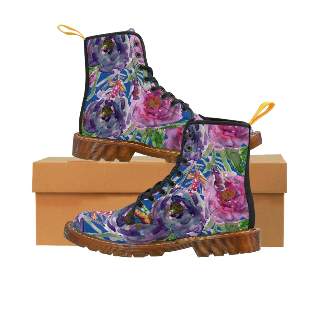 Blue Purple Rose Women's Boots, Floral Vintage Style Spring Laced-up Winter Boots For Ladies