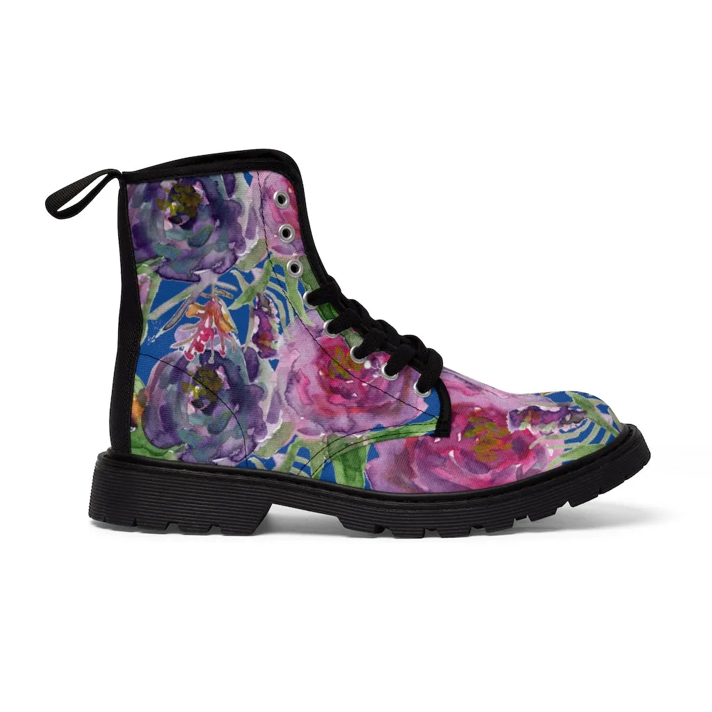 Blue Purple Rose Women's Boots, Floral Vintage Style Spring Laced-up Winter Boots For Ladies