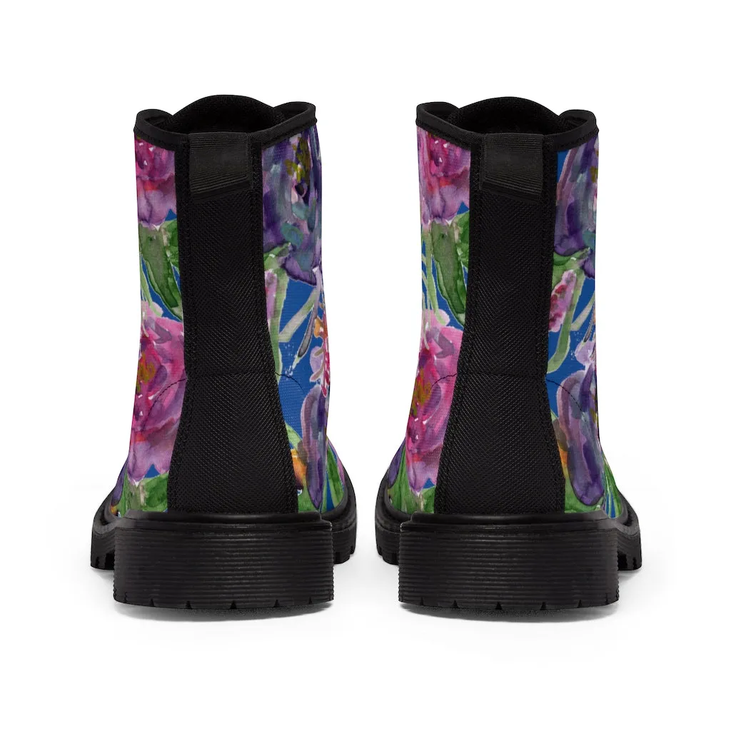 Blue Purple Rose Women's Boots, Floral Vintage Style Spring Laced-up Winter Boots For Ladies