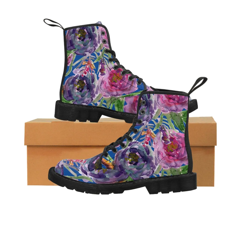 Blue Purple Rose Women's Boots, Floral Vintage Style Spring Laced-up Winter Boots For Ladies