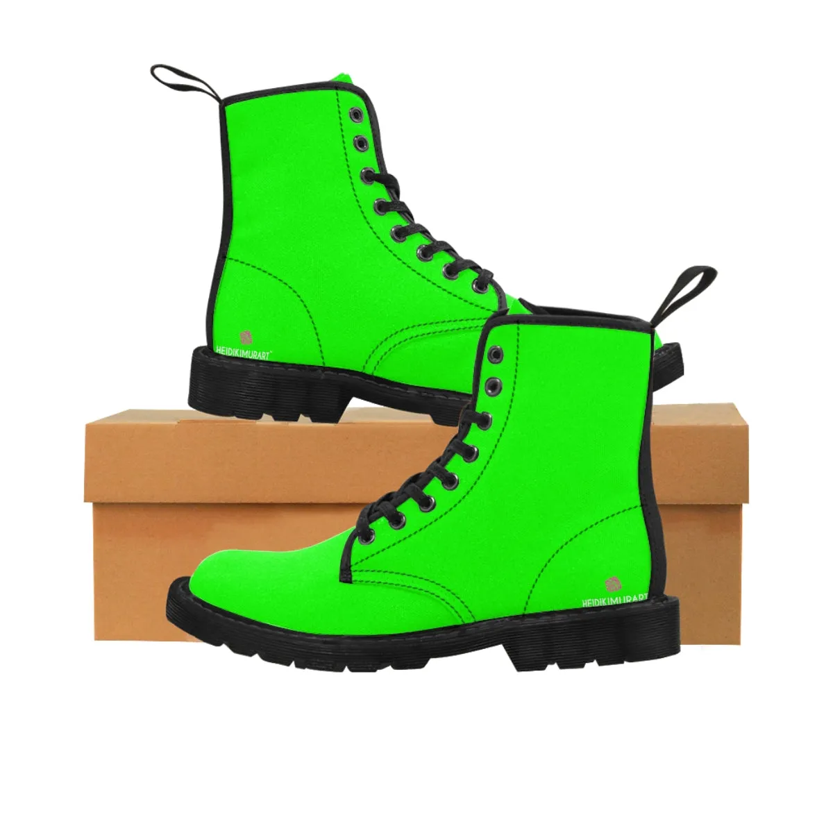 Bright Green Women's Canvas Boots, Bright Green Solid Green Print Winter Boots For Women