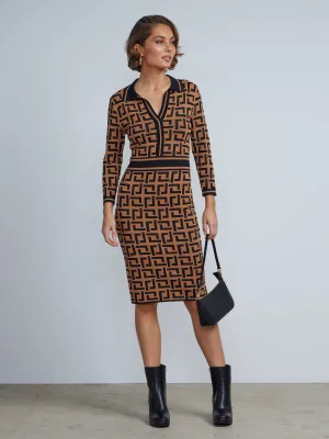 Collar V-neck 3/4 Sleeve Geometric Print Dress