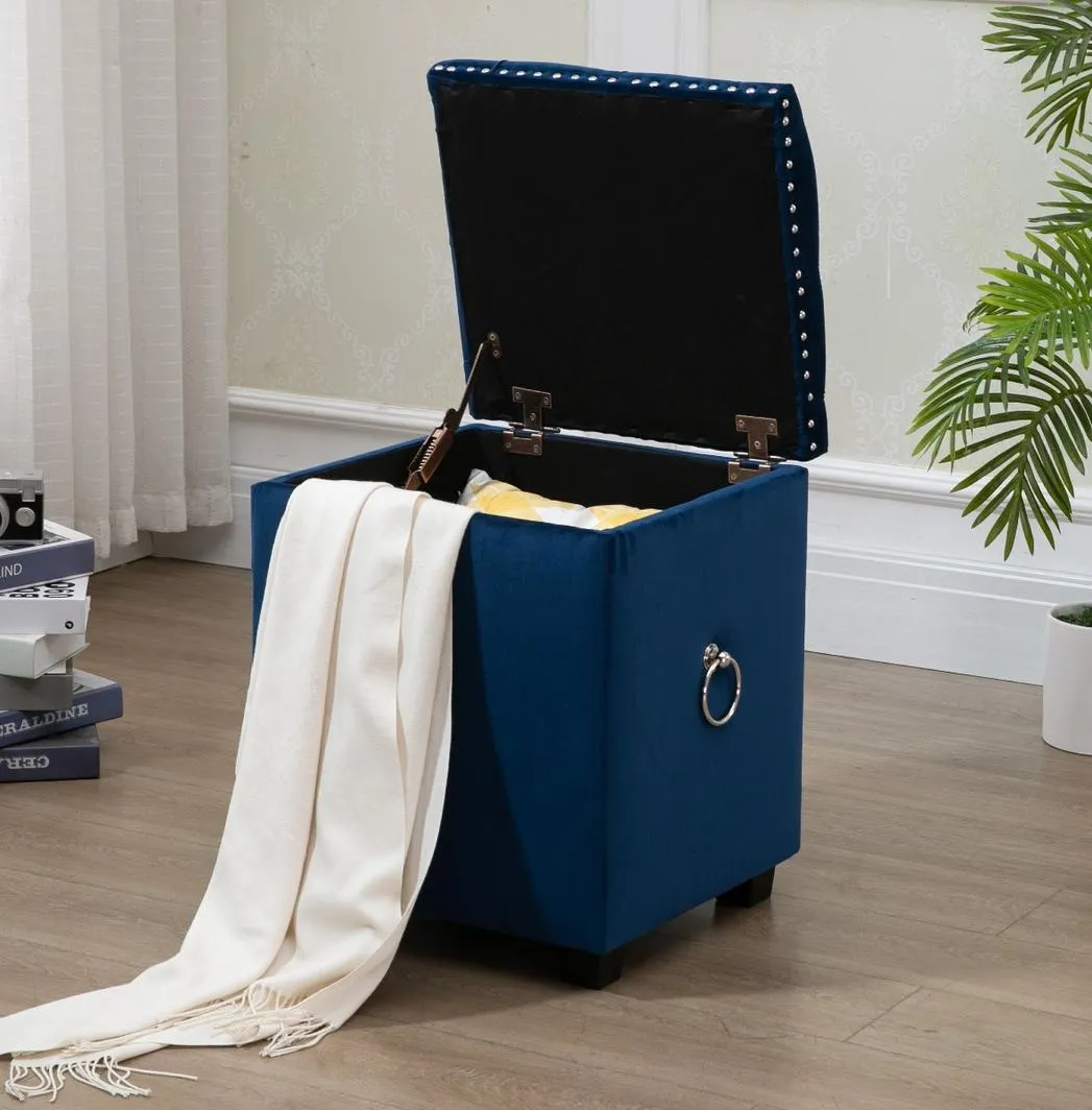 Cubix Blue Fabric Storage Ottoman Tufted Blanket Box Foot Stool Studs and Rings