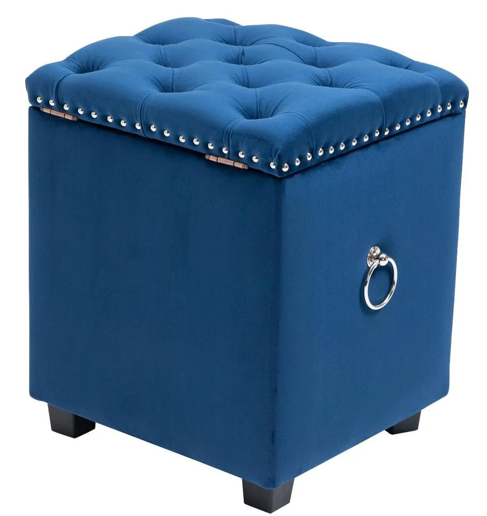 Cubix Blue Fabric Storage Ottoman Tufted Blanket Box Foot Stool Studs and Rings