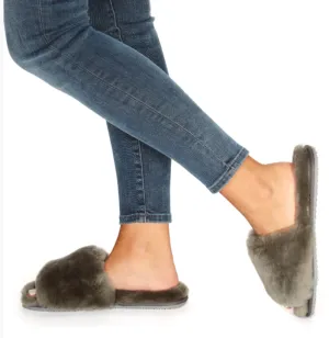 Deep Classic Dark Grey Luxury Sheepskin Slipper Slides