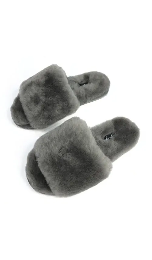 Deep Classic Dark Grey Luxury Sheepskin Slipper Slides