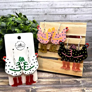 Ditsy Chickens with Glitter Boots Earrings