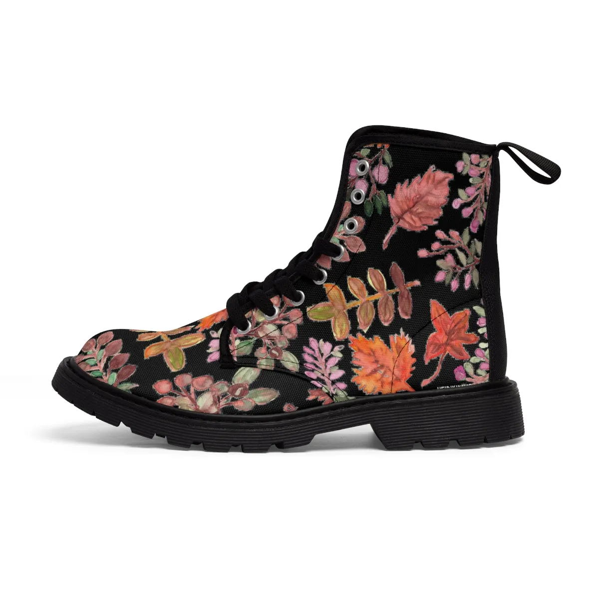 Fall Leaves Print Women's Boots, Black Orange Autumn Fall Leaves Print Women's Boots, Best Winter Boots For Women