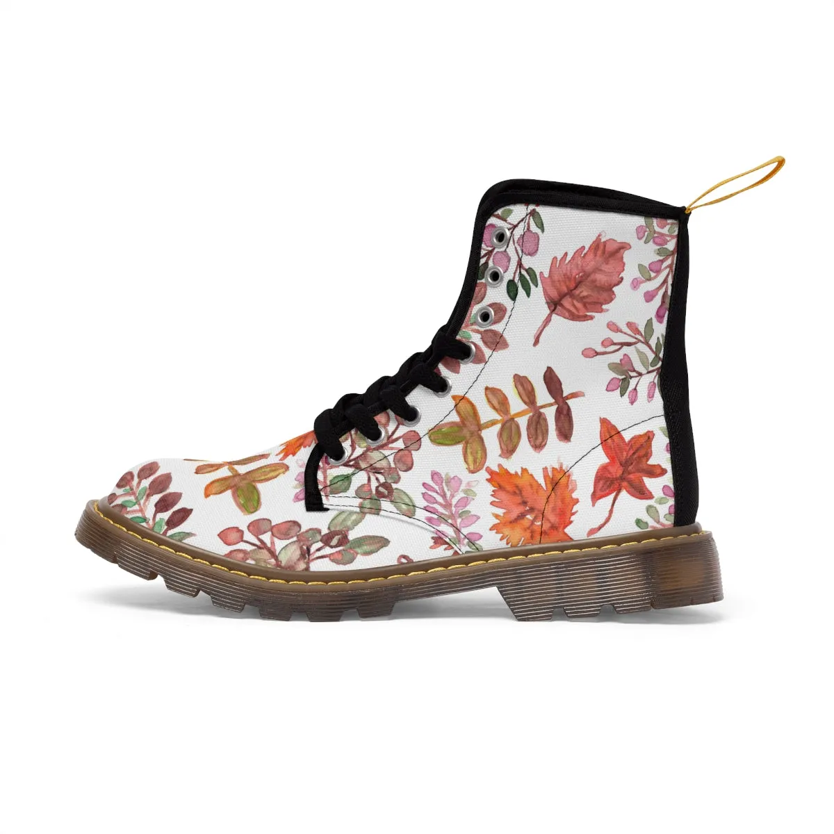 Fall Leaves Print Women's Boots, White Autumn Fall Leaves Print Women's Boots, Best Winter Boots For Women