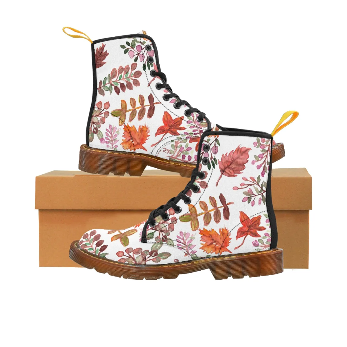 Fall Leaves Print Women's Boots, White Autumn Fall Leaves Print Women's Boots, Best Winter Boots For Women