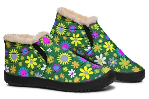 Green Retro Flowers Winter Shoes