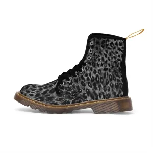 Grey Leopard Women's Canvas Boots, Animal Print Best Winter Boots For Fashionable Ladies