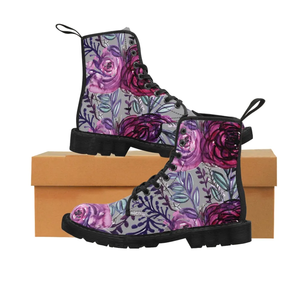 Grey Purple Rose Women's Boots, Best Vintage Style Premium Quality Winter Boots For Ladies