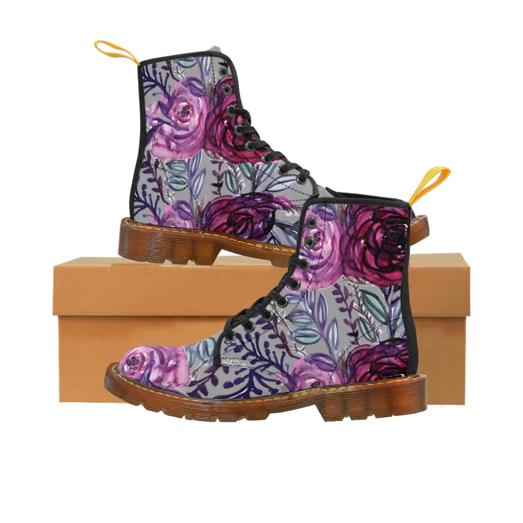 Grey Purple Rose Women's Boots, Best Vintage Style Premium Quality Winter Boots For Ladies