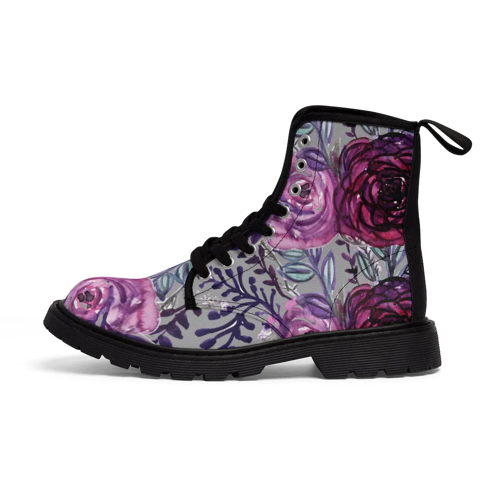 Grey Purple Rose Women's Boots, Best Vintage Style Premium Quality Winter Boots For Ladies