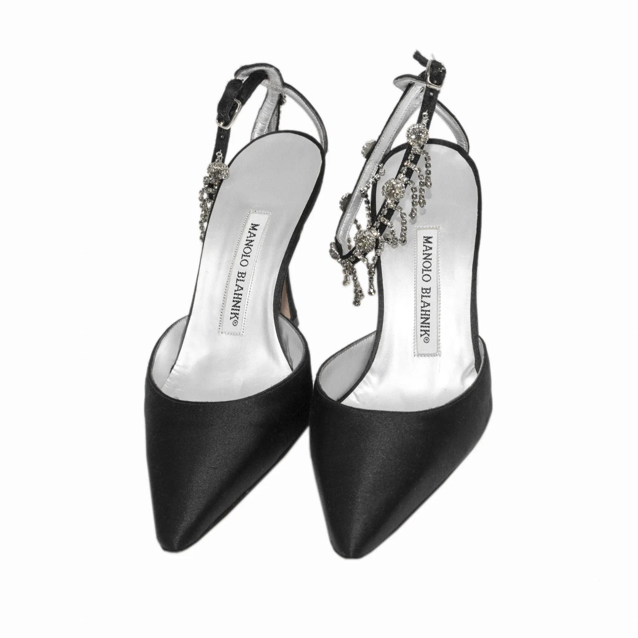 Manolo Blahnik Black Satin Pointy Toe Heel With Rhinestone Loop Ankle Strap