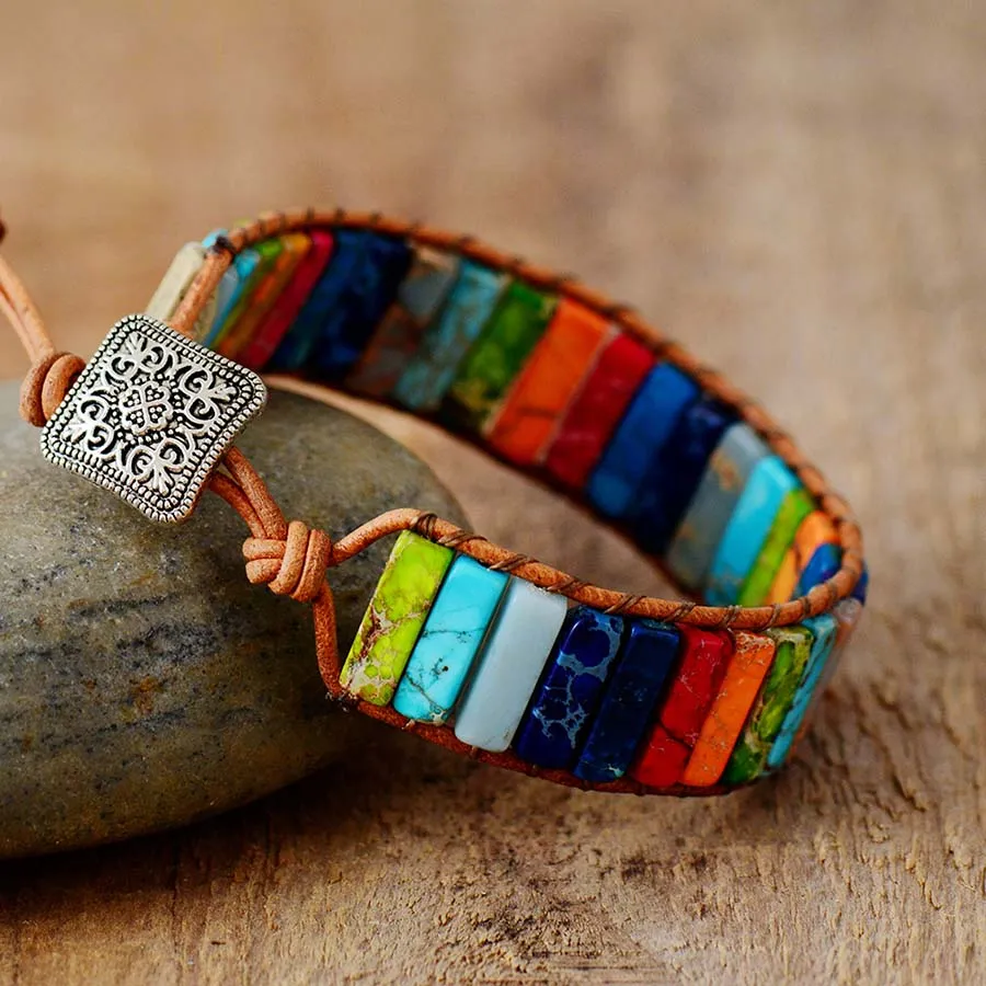 Multi Color Natural Stone Tube Beads Leather Wrap Bracelet