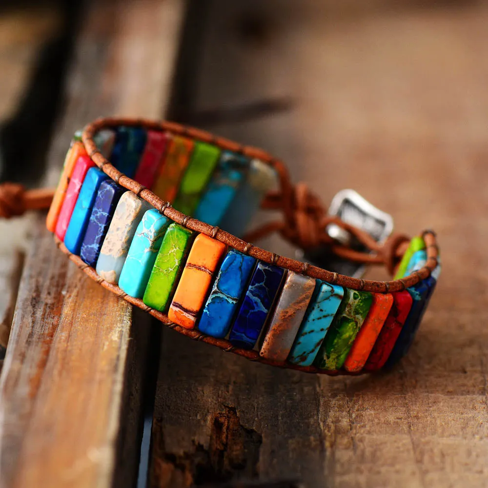 Multi Color Natural Stone Tube Beads Leather Wrap Bracelet