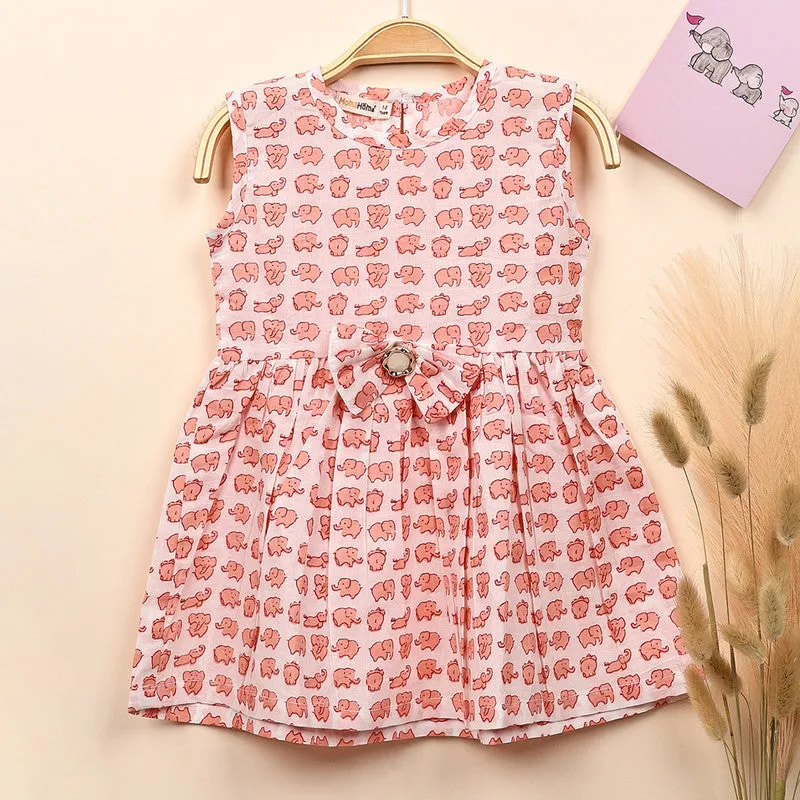 Organic Cotton Muslin Sleevless Frock Dress For Baby Girl | Elephant Printed | Peach