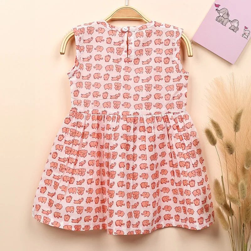 Organic Cotton Muslin Sleevless Frock Dress For Baby Girl | Elephant Printed | Peach