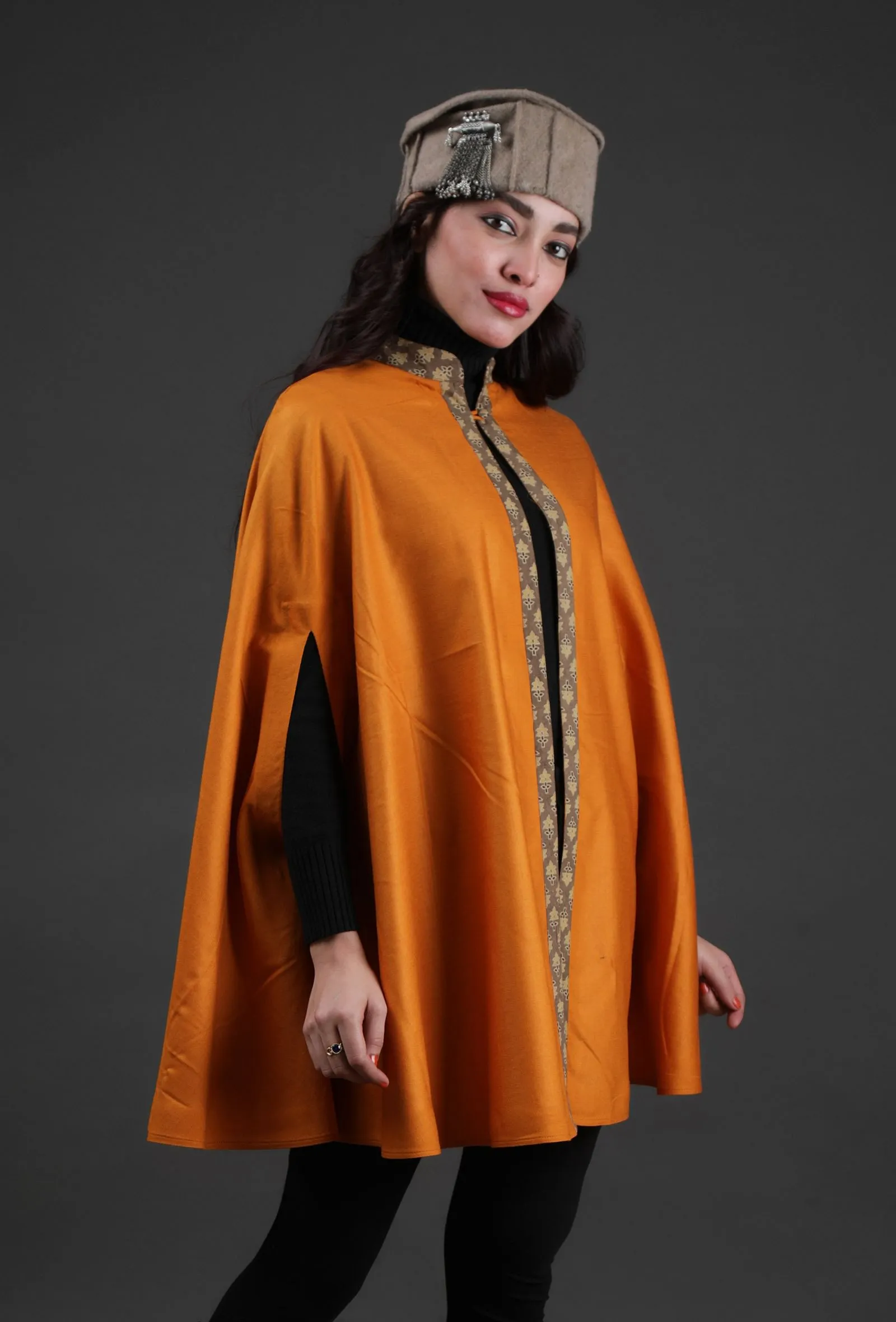 Parehaa Mustard Cashmilon Front-Open Overlay Cape With Ajrakh Detailing