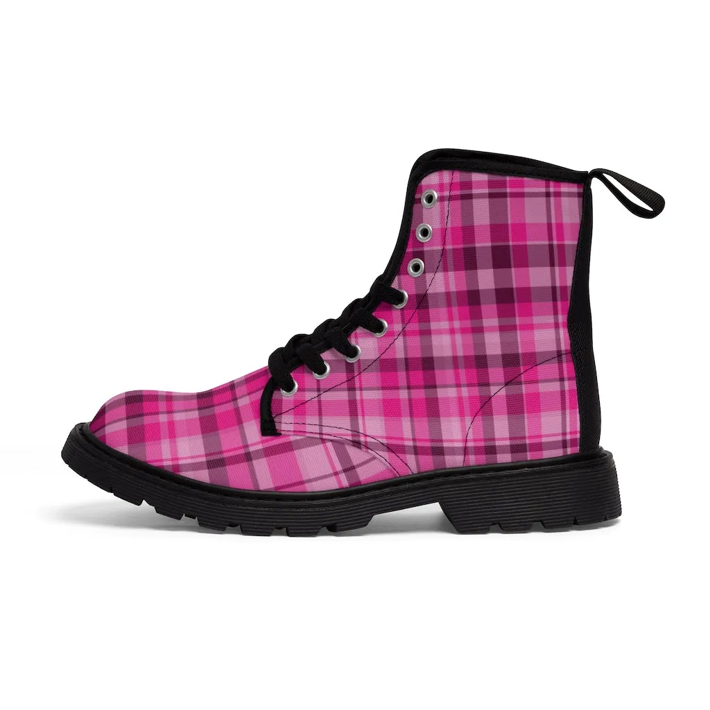 Pink Plaid Women's Canvas Boots, Best Plaid Print Winter Boots For Women (US Size 6.5-11)