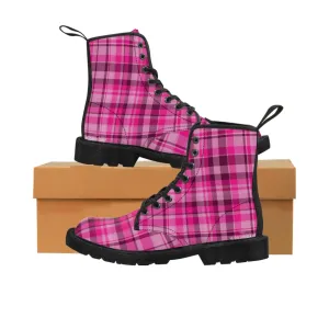 Pink Plaid Women's Canvas Boots, Best Plaid Print Winter Boots For Women (US Size 6.5-11)