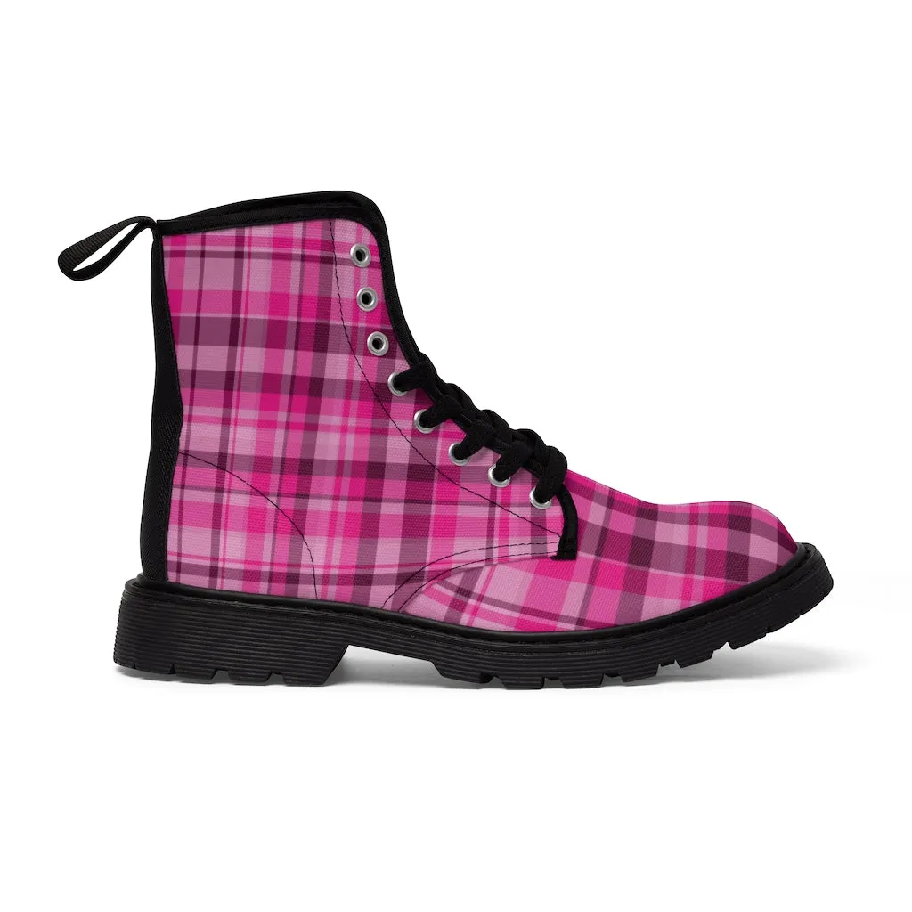 Pink Plaid Women's Canvas Boots, Best Plaid Print Winter Boots For Women (US Size 6.5-11)