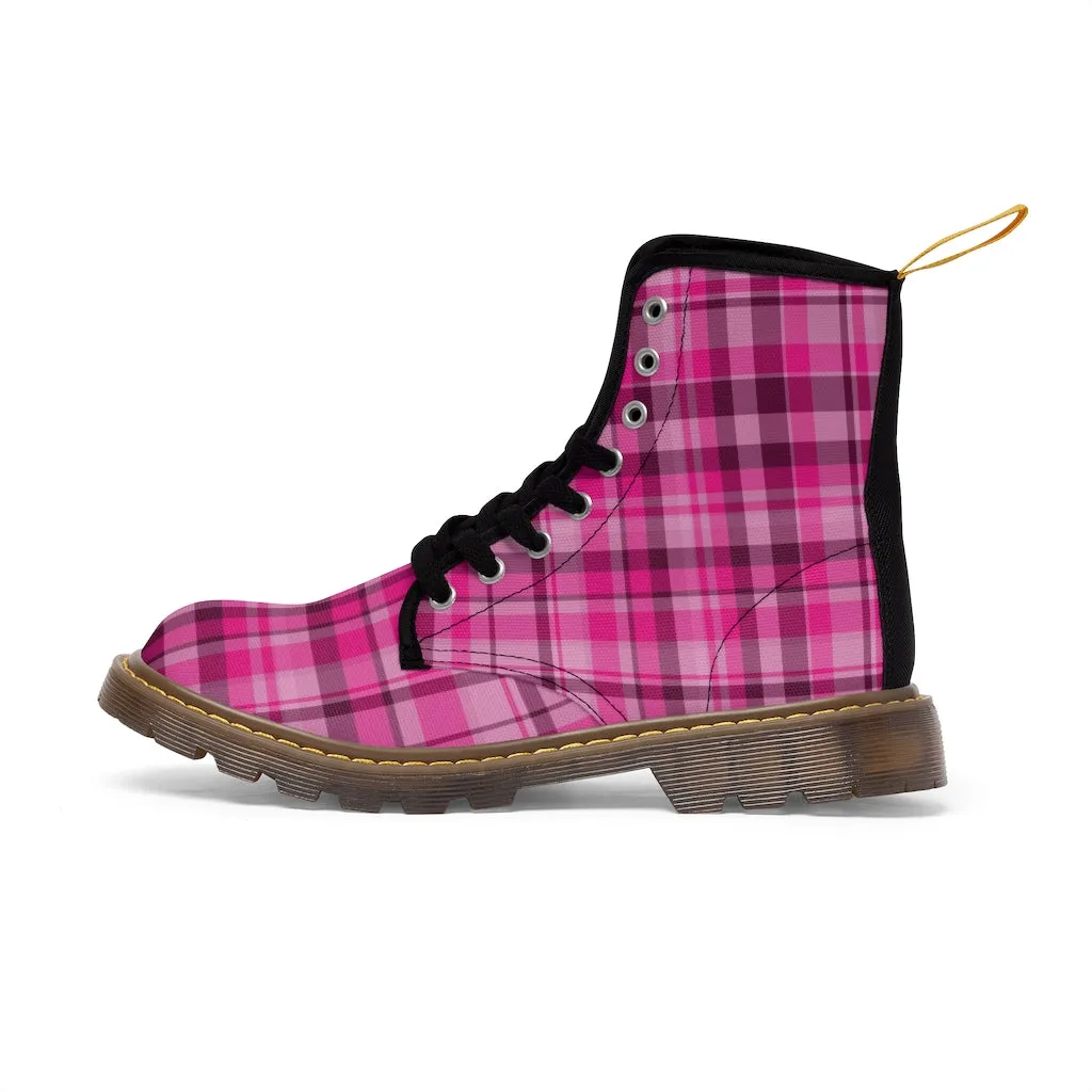 Pink Plaid Women's Canvas Boots, Best Plaid Print Winter Boots For Women (US Size 6.5-11)