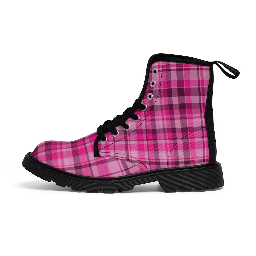 Pink Plaid Women's Canvas Boots, Best Plaid Print Winter Boots For Women (US Size 6.5-11)