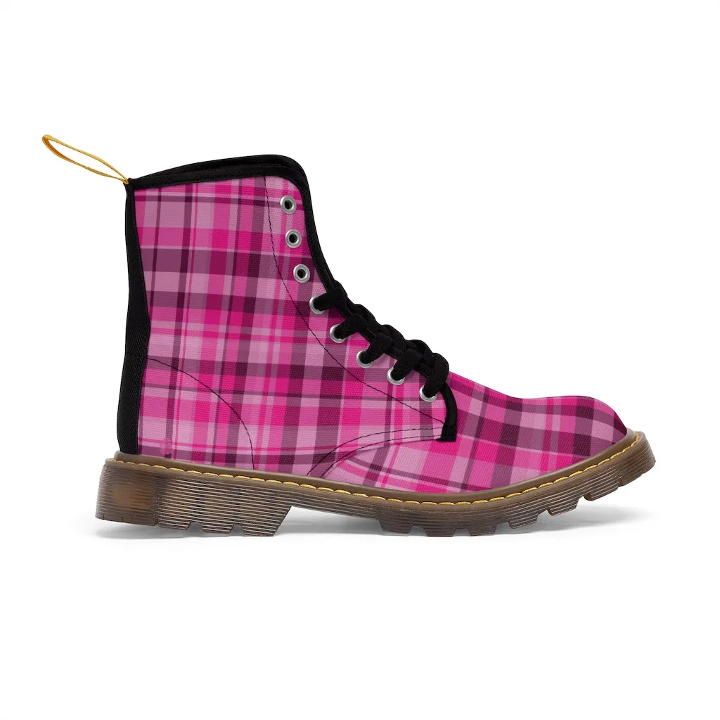 Pink Plaid Women's Canvas Boots, Best Plaid Print Winter Boots For Women (US Size 6.5-11)