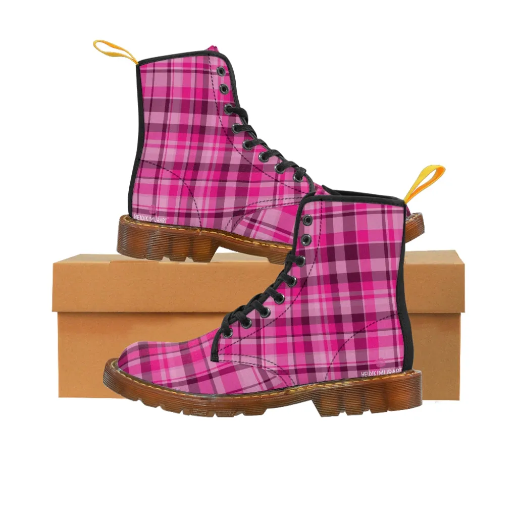 Pink Plaid Women's Canvas Boots, Best Plaid Print Winter Boots For Women (US Size 6.5-11)